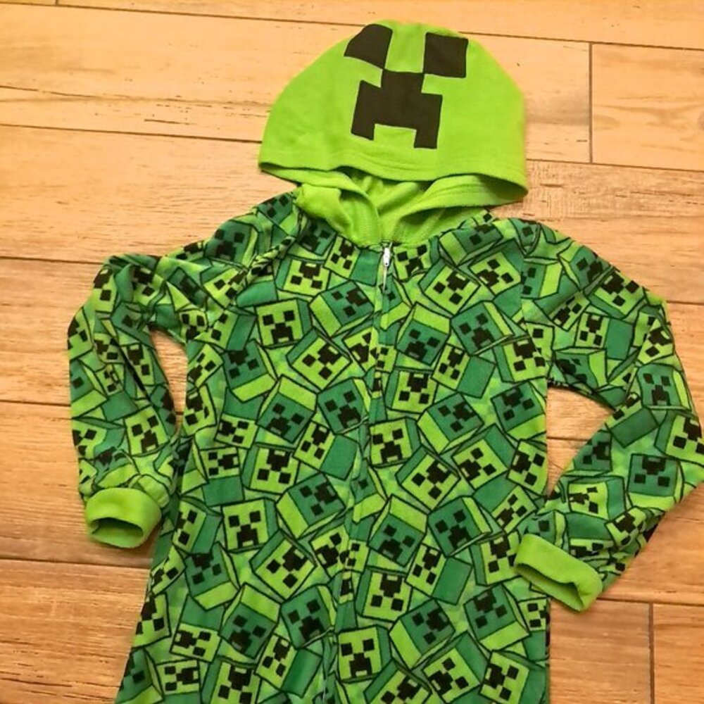 Minecraft Hooded Creeper Pajama sz MEDIUM kids unionsuit Long Sleeves hoodie pjs